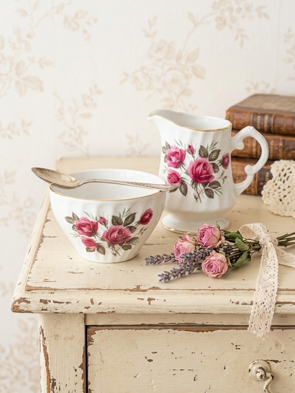 Wood & Sons England “Rose Royale” Creamer & Sugar Bowl Vintage Ironstone Floral